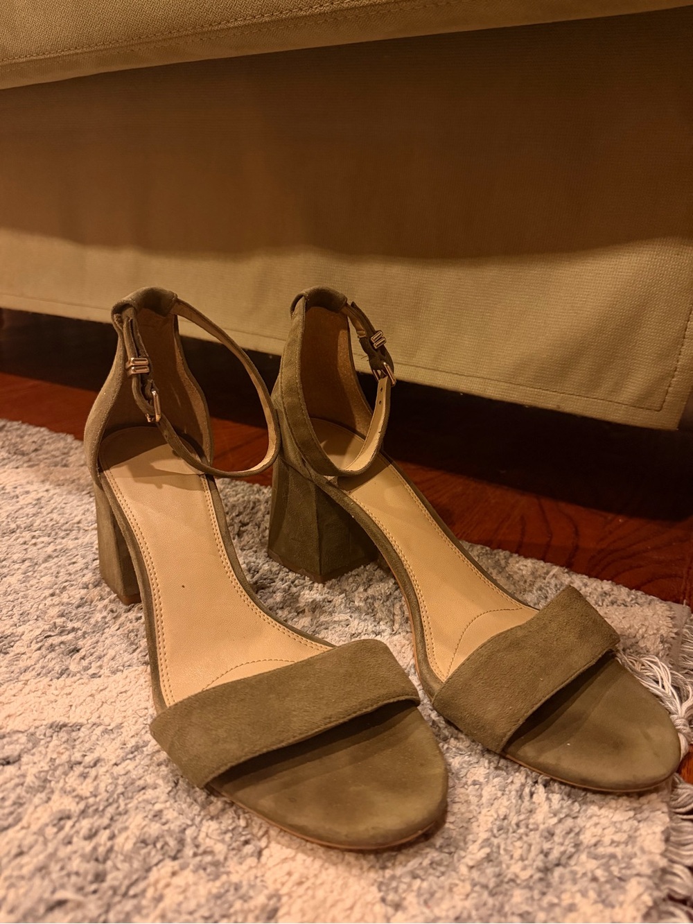 Gianni Bini Olive Green Suede Block Heel Sandals with Ankle Strap